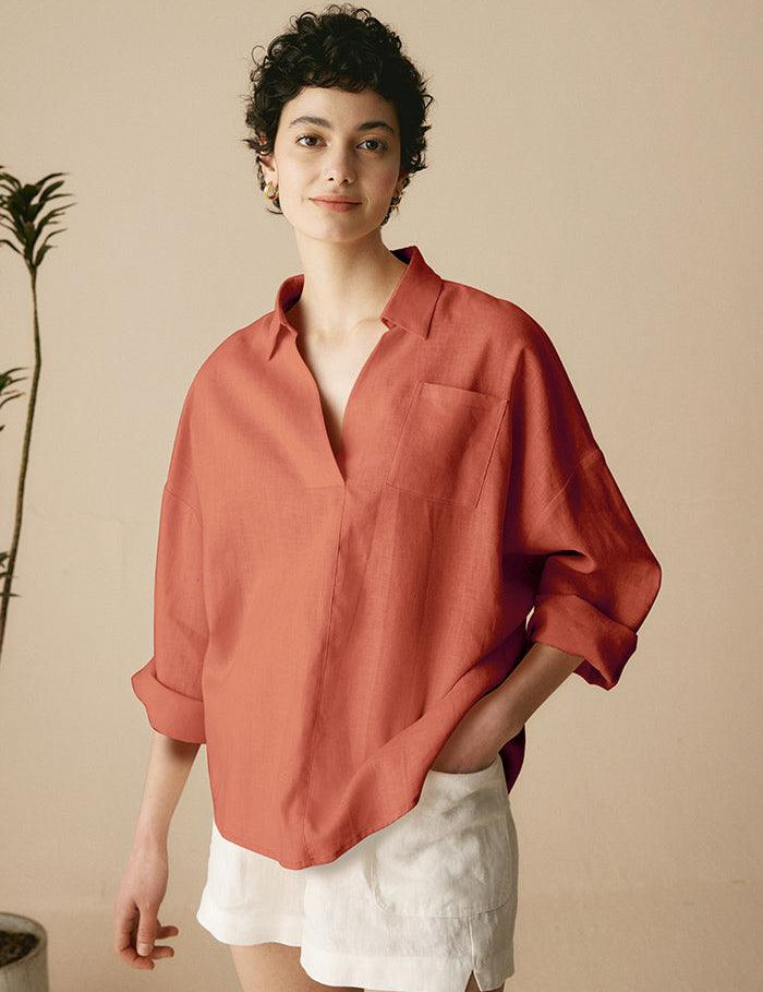 Linned Oversized Fit Pocket Skjorte ELOWEN
