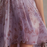 Violette | Mini Kjole i Blomstret Vintagemousseline med Lilla Striber