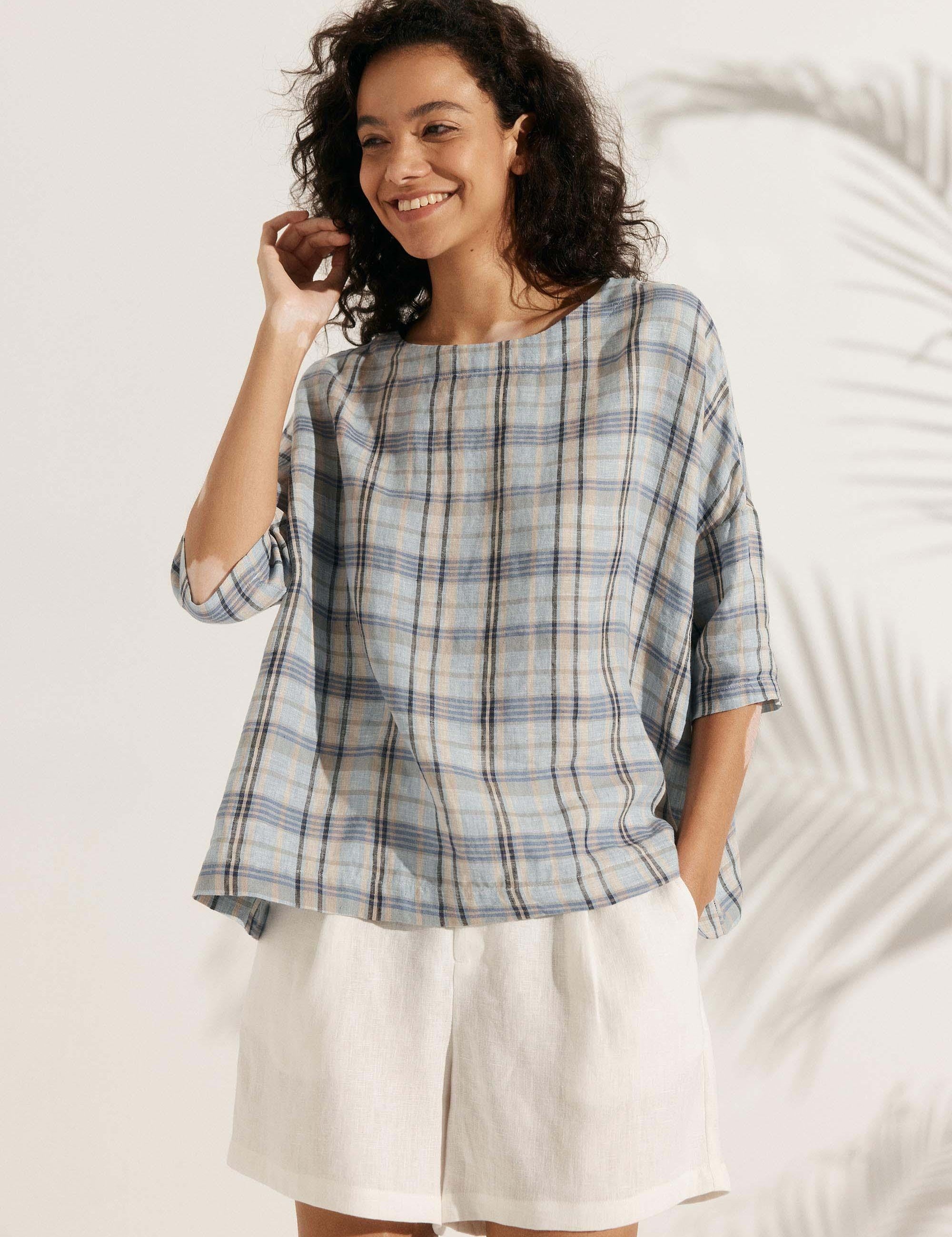 100% Linned Gingham Tjekket Bådkrave 3/4 Lange Ærmer Top AURORA