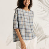 100% Linned Gingham Tjekket Bådkrave 3/4 Lange Ærmer Top AURORA