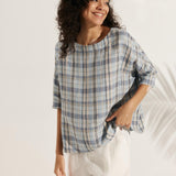 100% Linned Gingham Tjekket Bådkrave 3/4 Lange Ærmer Top AURORA