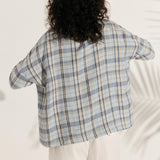 100% Linned Gingham Tjekket Bådkrave 3/4 Lange Ærmer Top AURORA