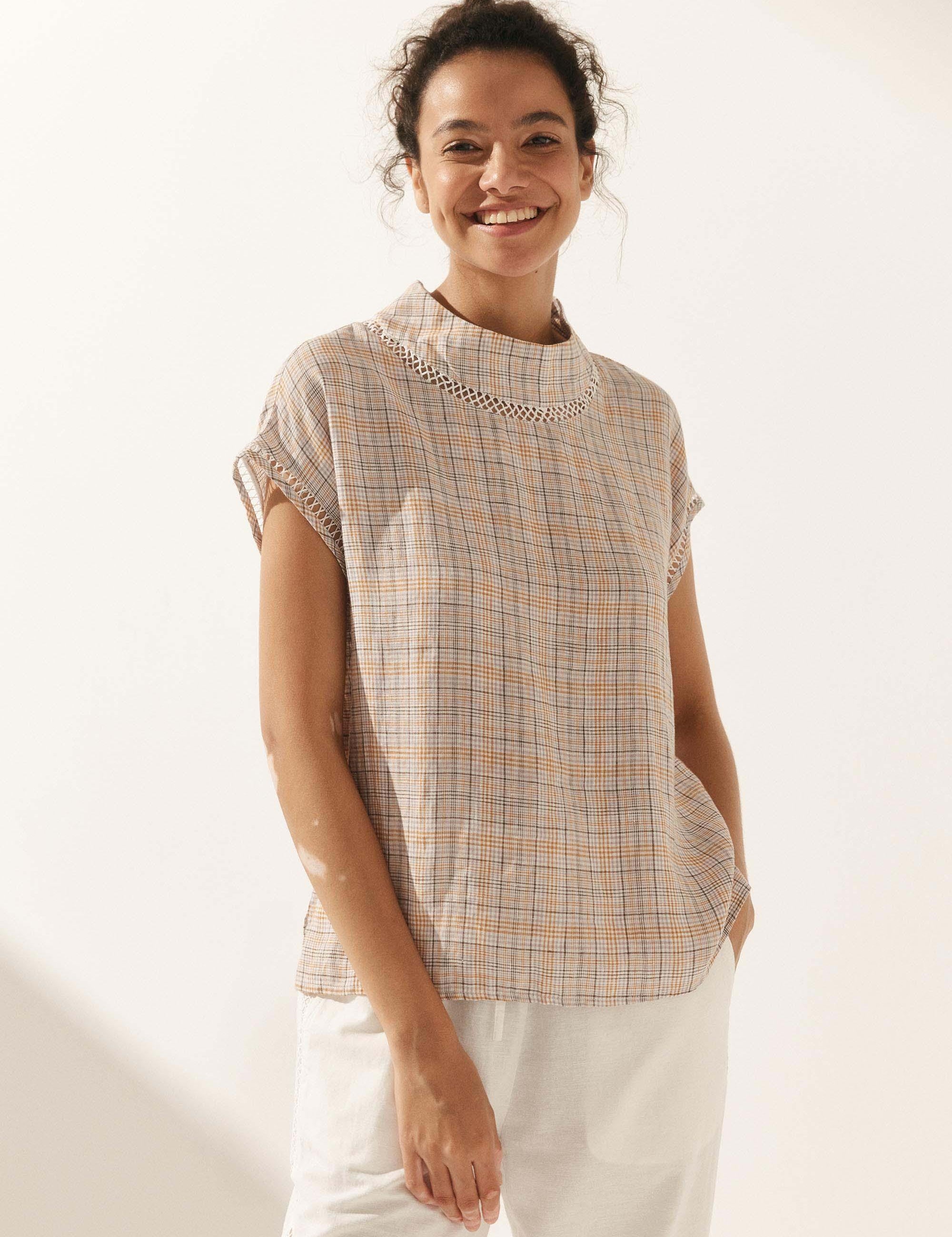 Linned-Bomulds Gingham Udsnit Turtleneck Top CAROL