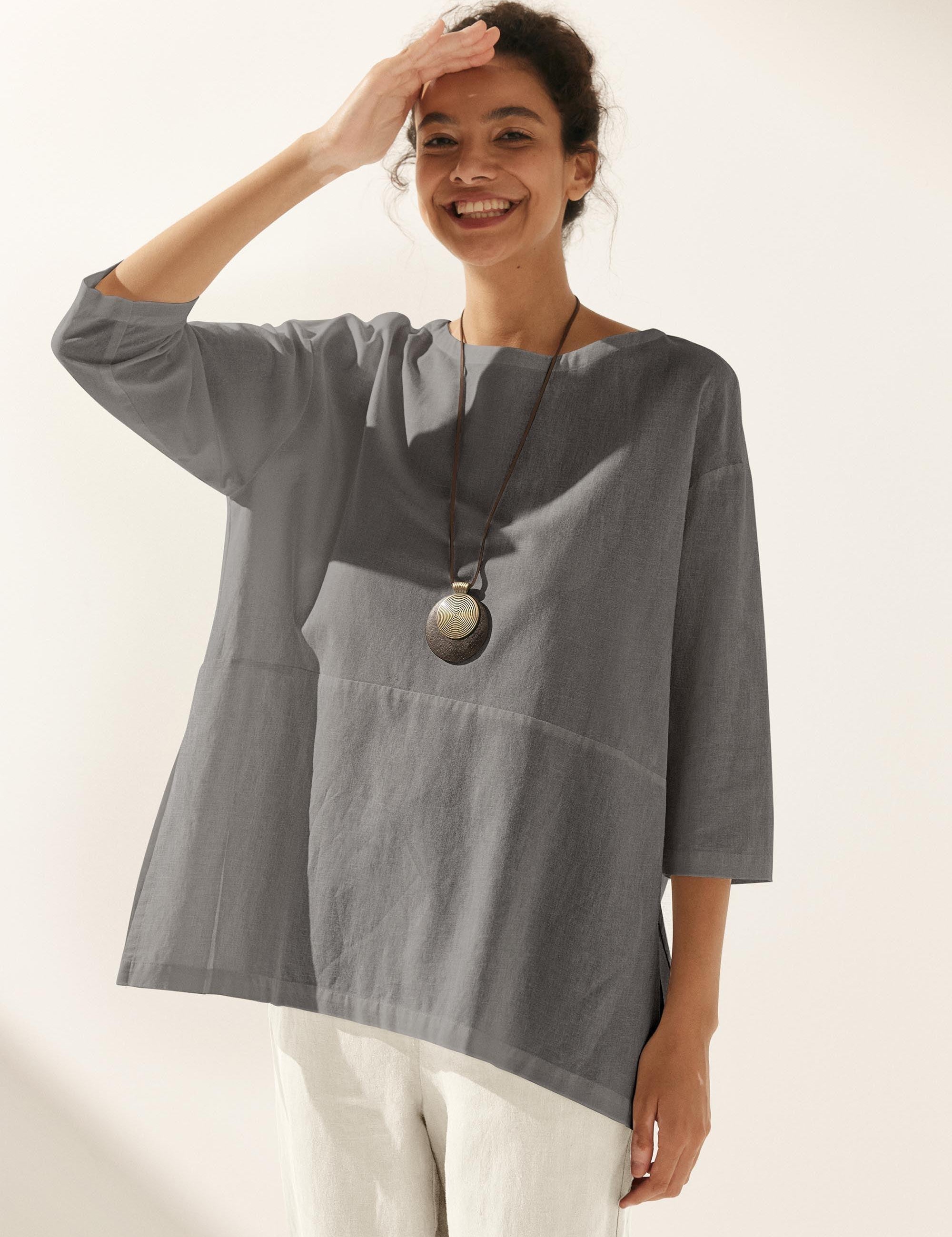 Linned Hvid Båd Hals Oversized Top AVA