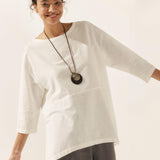 Linned Hvid Båd Hals Oversized Top AVA