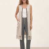 100% Linned Geometrisk Trim Frynset Kant Lang Vest ROSALIE