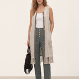 100% Linned Geometrisk Trim Frynset Kant Lang Vest ROSALIE