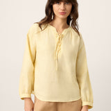 100% Linned Snørelukket Smocked Lantern Ærme Bluse DOROTHEA