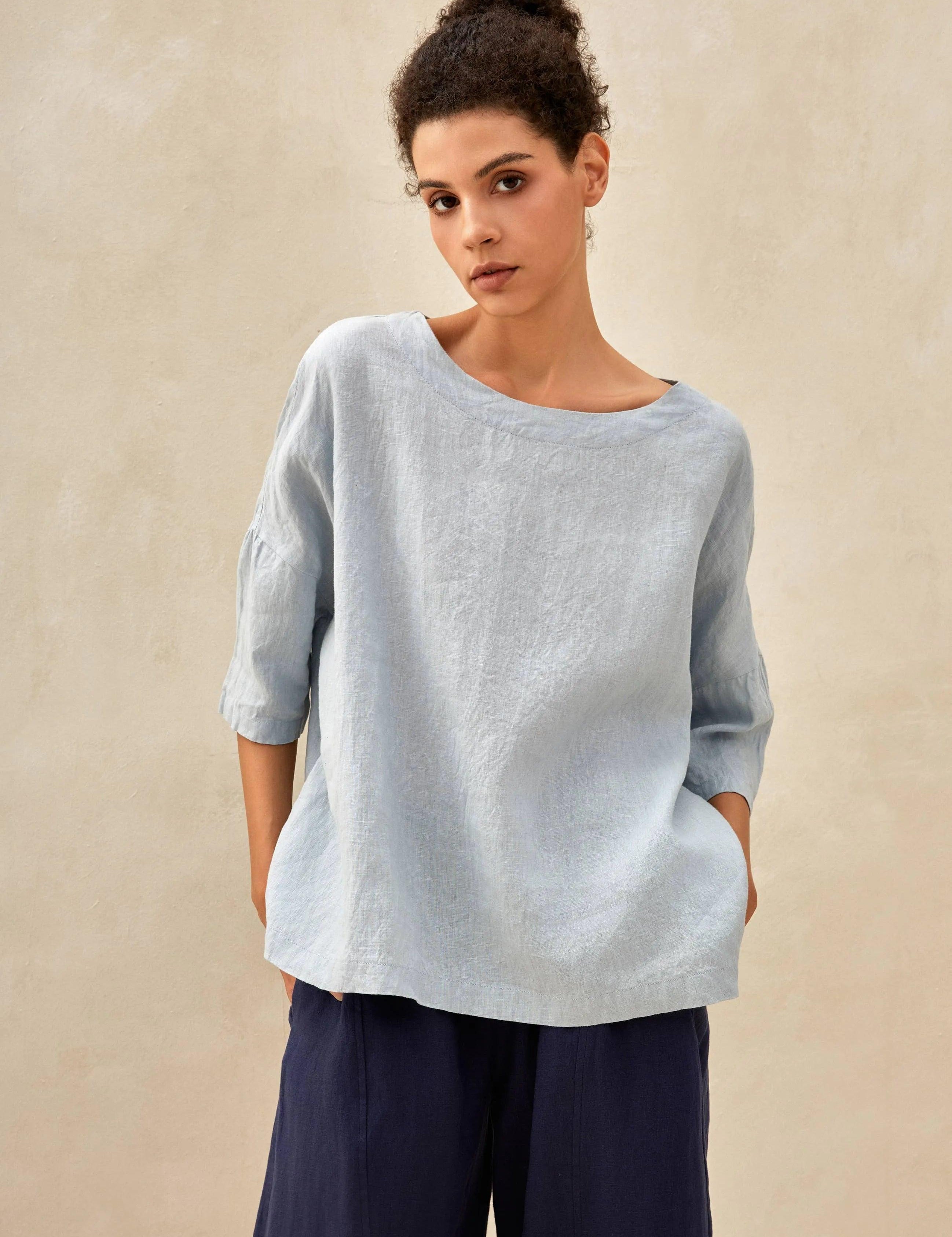 100% Linned Gingham Tjekket Bådkrave 3/4 Lange Ærmer Top AURORA