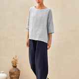 100% Linned Gingham Tjekket Bådkrave 3/4 Lange Ærmer Top AURORA
