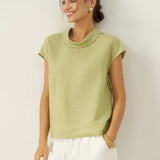 100% Linned Cap Sleeve Blød-Fold Krave Top YVONNE