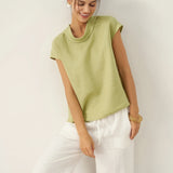 100% Linned Cap Sleeve Blød-Fold Krave Top YVONNE