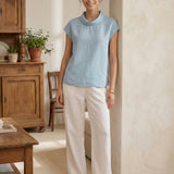 100% Linned Cap Sleeve Blød-Fold Krave Top YVONNE