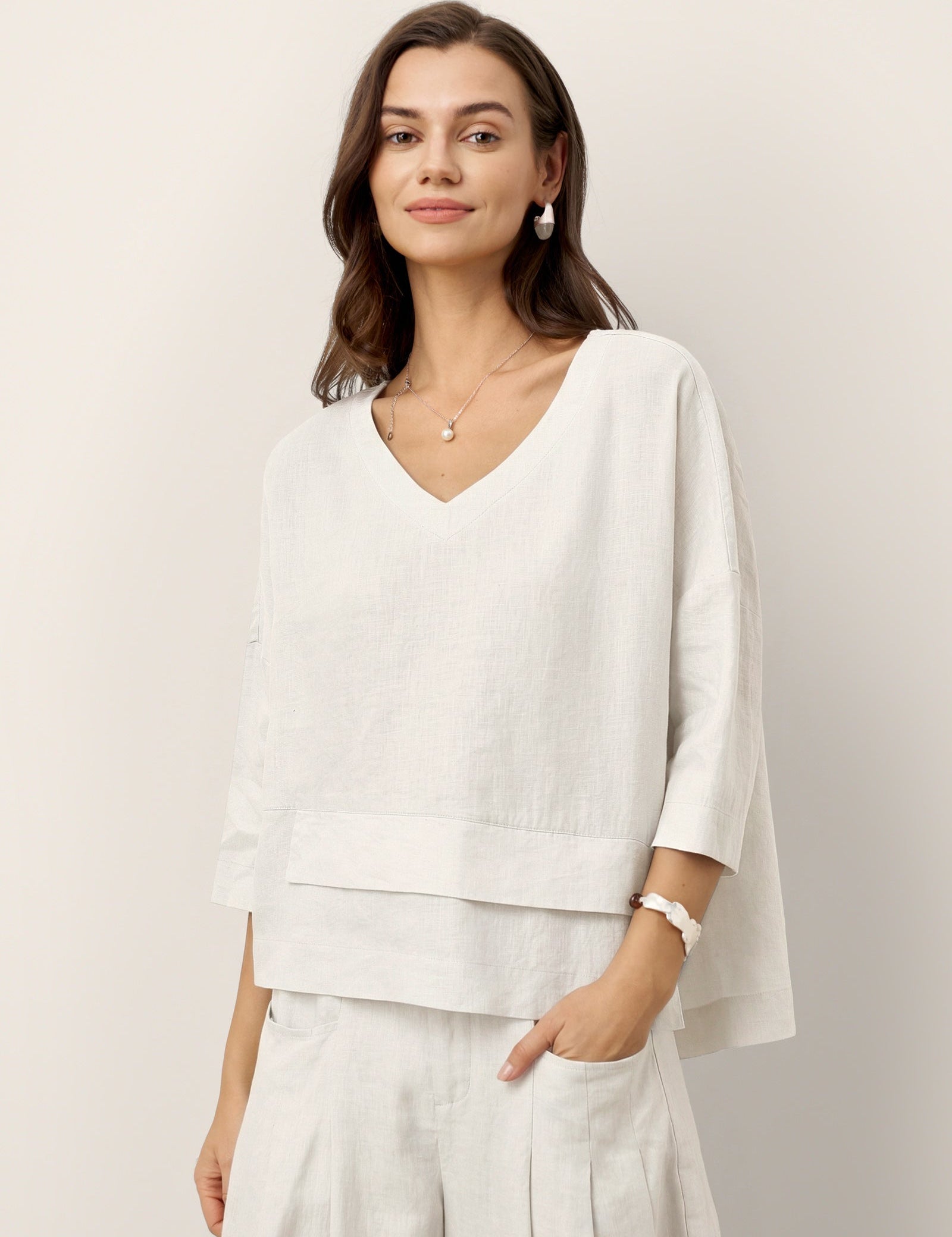 100% Linned Drop Shoulder Asymmetrisk Lagdelt Hem Overtop VIOLA