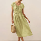 100% Linned Pleated Crew Neck Midi Kjole med Aftagelige Bånd MIRA