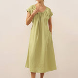 100% Linned Pleated Crew Neck Midi Kjole med Aftagelige Bånd MIRA
