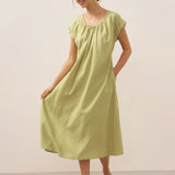100% Linned Pleated Crew Neck Midi Kjole med Aftagelige Bånd MIRA