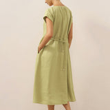 100% Linned Pleated Crew Neck Midi Kjole med Aftagelige Bånd MIRA