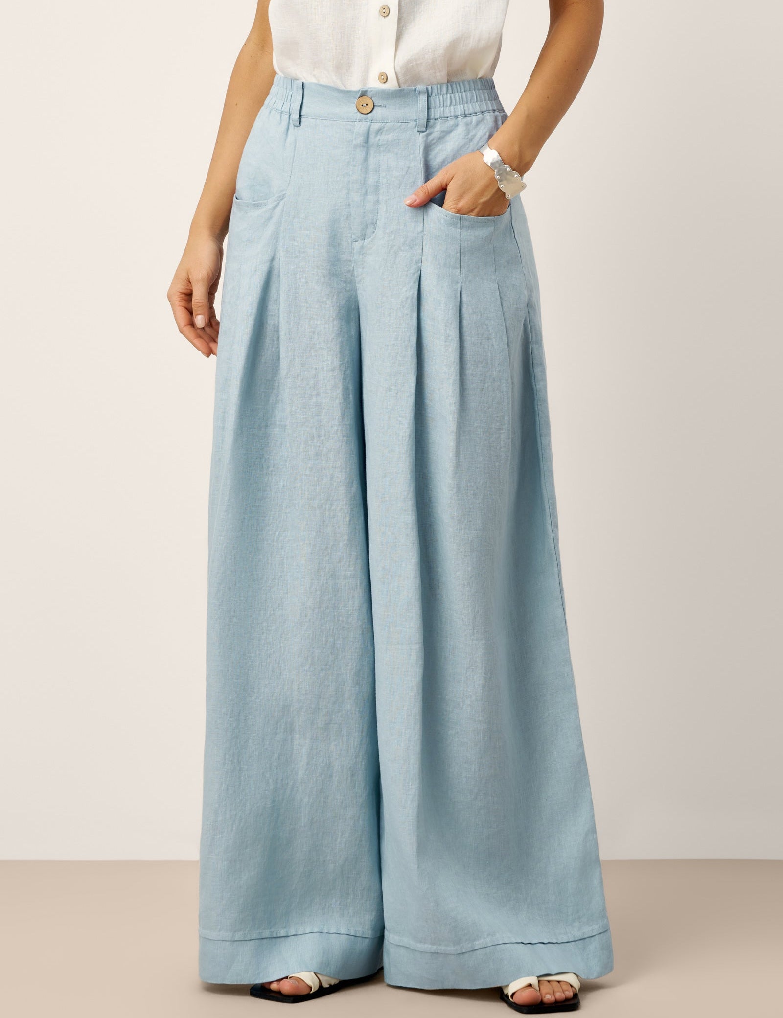 100% Linned Skulptureret Plisseret Elastisk Bag Relaxed Bukser VERIDIANA