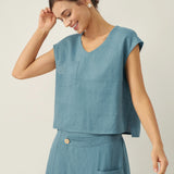 100% Linned V-Hals Korte Ærmer Crop Top FRESSA