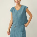 100% Linned V-Hals Korte Ærmer Crop Top FRESSA