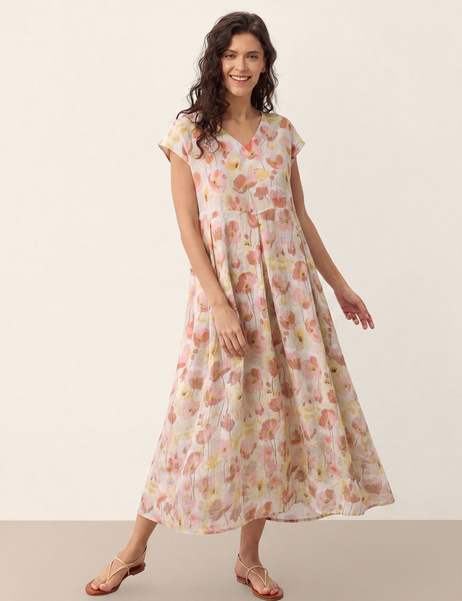 100% Linned Nelikeprint Scalloped Waist Maxi Kjole HARRIET