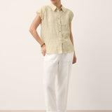 100% Linned Gingham Ruffle Ærme Skjorte CYBELLE