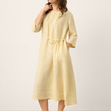 100% Linned Pintucked Broderet Justerbar Bælte Lagdelt Midi Kjole VERENA