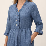 100% Linned Ruffle Placket A-Line Midi Kjole SAMARA