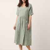 100% Linned Stribet V-Hals Lomme Midi Kjole ASTORIA