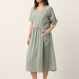 100% Linned Stribet V-Hals Lomme Midi Kjole ASTORIA