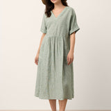 100% Linned Stribet V-Hals Lomme Midi Kjole ASTORIA