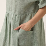 100% Linned Stribet V-Hals Lomme Midi Kjole ASTORIA