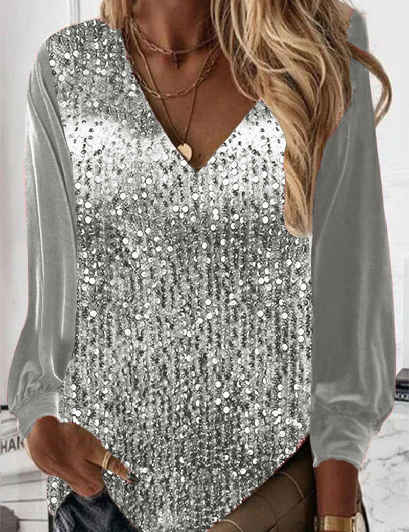 Tove | Stilfuld V-Hals Top med Pailletter og Pufærmer