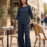 100% Linned Asymmetrisk Kant Knap-Trim Top NYLA