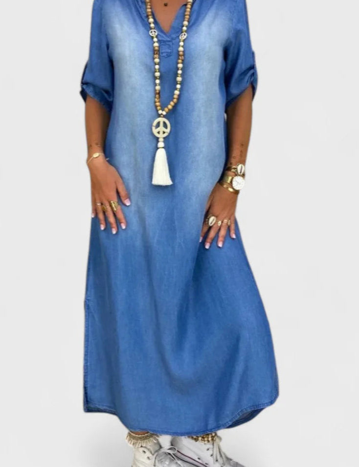 Lea | Lang Kjole i Denimlook med Sideslids