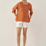 100% Linned Rund Hals Kunstnerisk Stribet Top FLORENCE