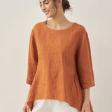 100% Linned Rund Hals Kunstnerisk Stribet Top FLORENCE