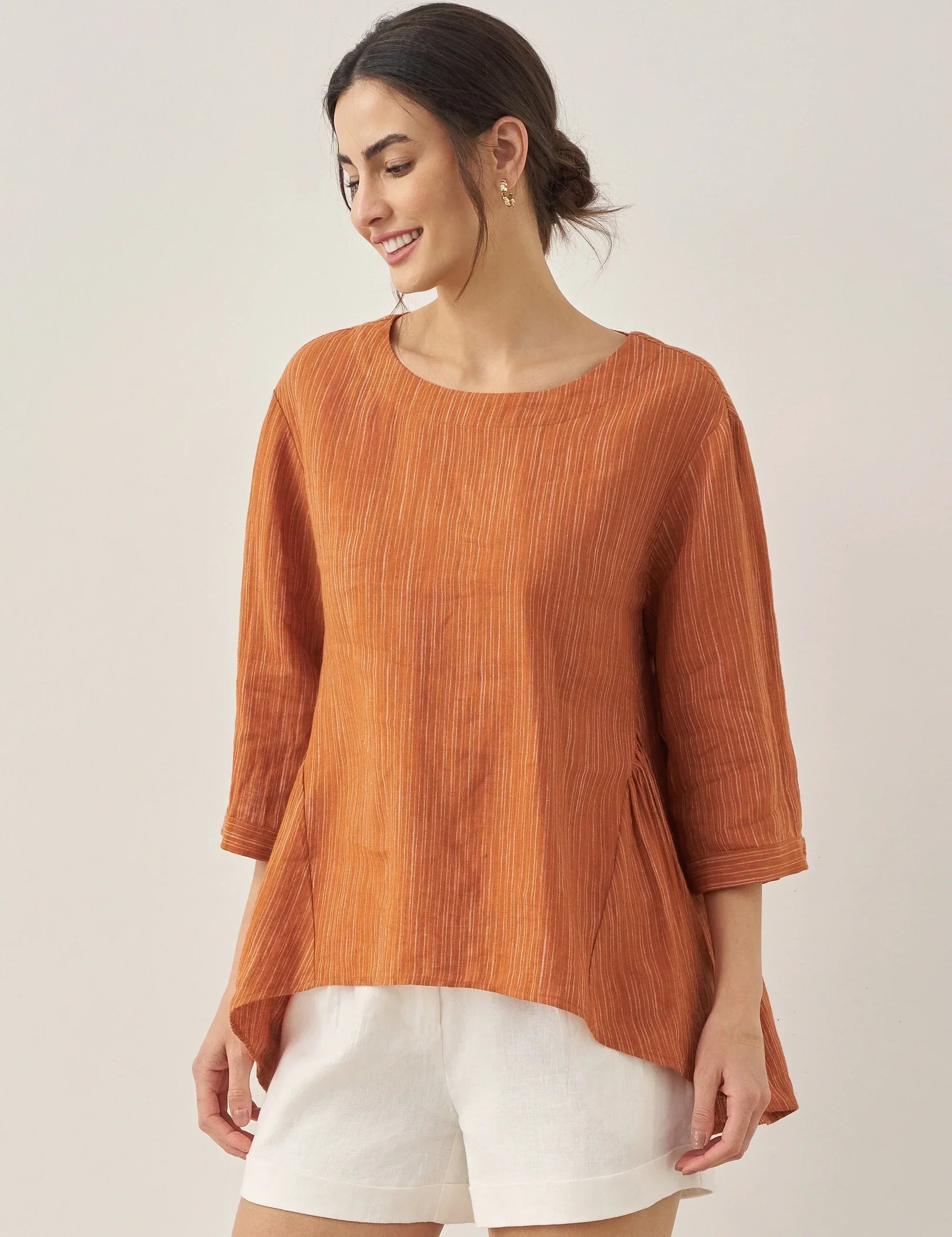100% Linned Rund Hals Kunstnerisk Stribet Top FLORENCE