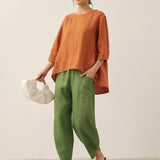 100% Linned Rund Hals Kunstnerisk Stribet Top FLORENCE