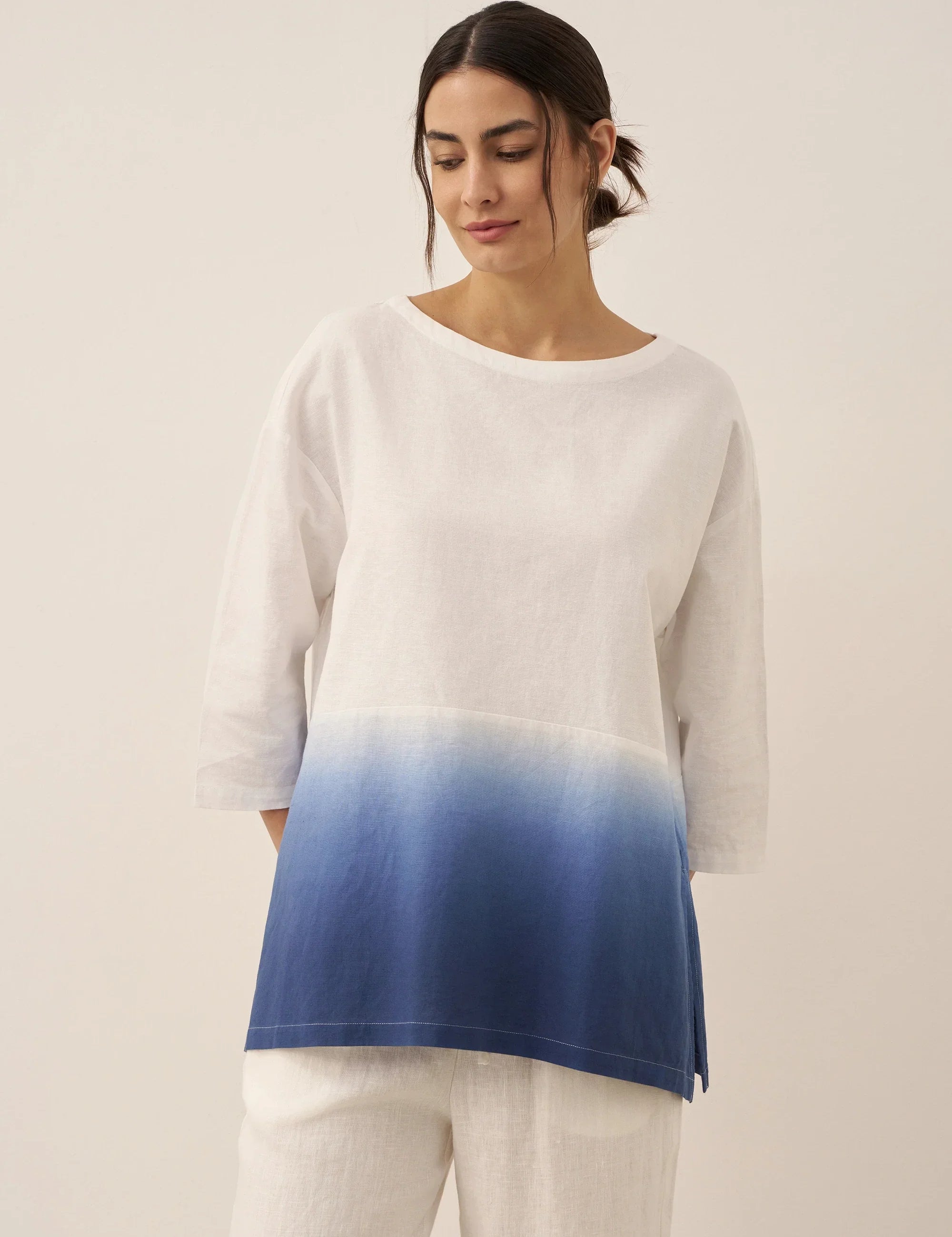 Linned Hvid Båd Hals Oversized Top AVA