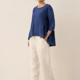 100% Linned Rund Hals Kunstnerisk Stribet Top FLORENCE