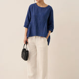 100% Linned Rund Hals Kunstnerisk Stribet Top FLORENCE