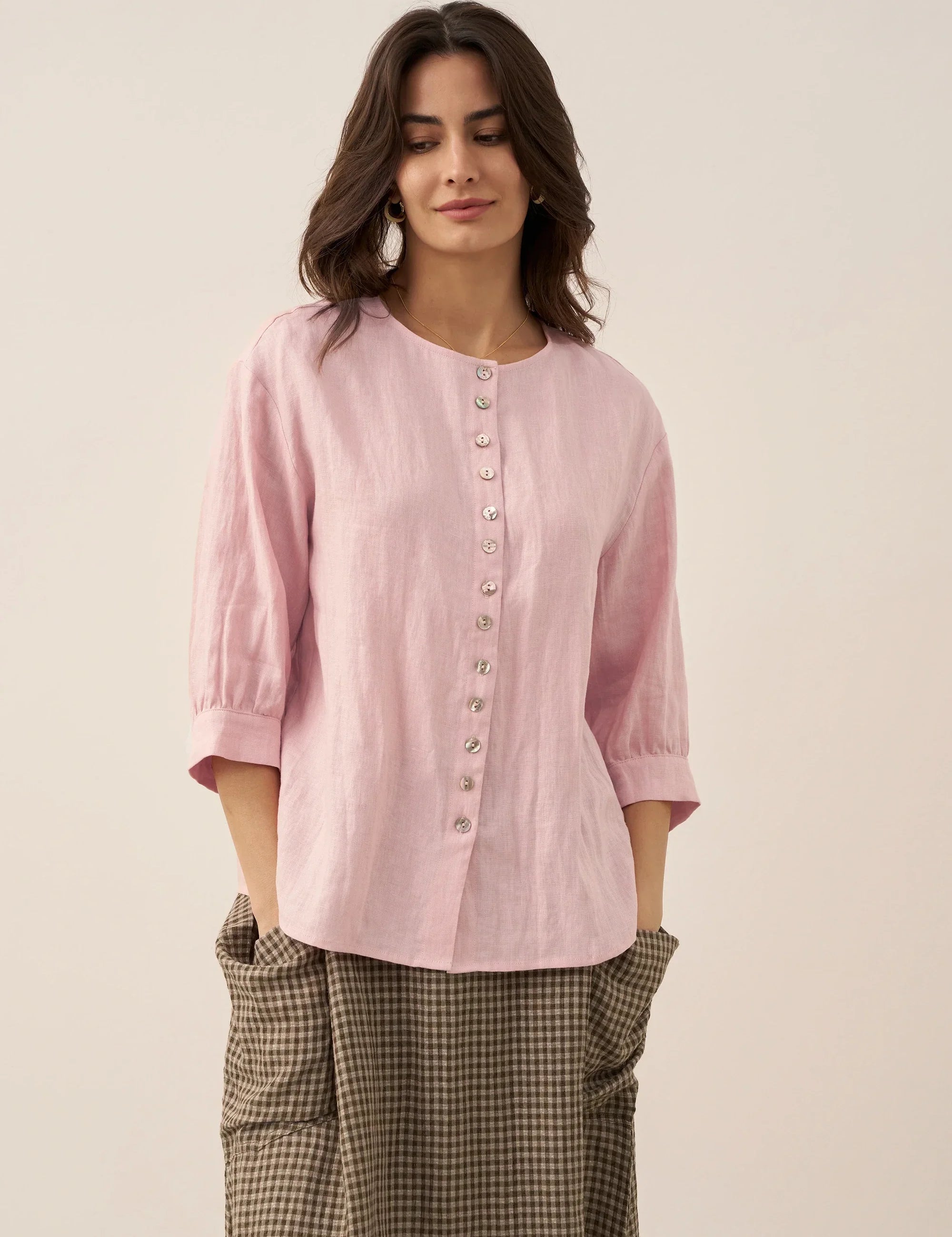 100% Linned Knap-Front Drop Shoulder Skjorte PÅSKE