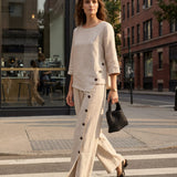100% Linned Asymmetrisk Kant Knap-Trim Top NYLA