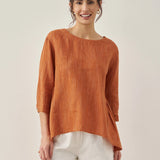 100% Linned Rund Hals Kunstnerisk Stribet Top FLORENCE