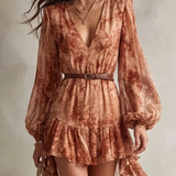 Clémence | Mini Kjole med Lange Ærmer, V-Hals, Terracotta Blomsterprint