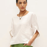 100% Linned Rund Hals Petal-Ærme Pullover LAUREL