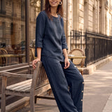 100% Linned Asymmetrisk Kant Knap-Trim Top NYLA