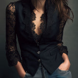 Noémie | Høj Sort Blazer med Semi-Transparente Ærmer